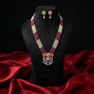 Navrabeads Ruby Pink CZ Beads Necklace with Beige Kundan Pendant – 18 Inch Traditional Beaded Jewellery | Elegant Festive, Wedding & Party Wear for Women