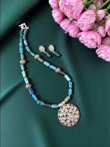 Navrabeads Apatite Gemstone Cylinder Bead Necklace with Flower Pendant & Earrings – 10 Inch Short Jewellery Set with Clasp Finish | Elegant Minimal Wear for Women