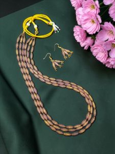 Navrabeads 3 Layer Gold Foiled Glass Beads Necklace Set – Purple Double Tone 20 Inch with Earrings & Gold Rope Finish | Elegant Party & Festive Wear for Women