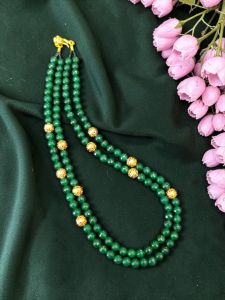 Navrabeads Green Agate Beads Necklace – 2 Layer with Antique Gold Beads & Gold Hook Finish | Elegant Double Layer Gemstone Jewellery for Women, Festive & Party Wear
