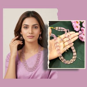 Navrabeads 3 Layer Gold Foiled Glass Beads Necklace Set – Purple Double Tone 20 Inch with Earrings & Gold Rope Finish | Elegant Party & Festive Wear for Women