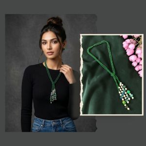  Boho Knot Necklace – Adjustable 2-Line Long Beaded Statement Necklace | Multi-Gem Beads | Wear as Knot Style / Layered Style