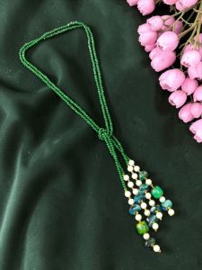  Boho Knot Necklace – Adjustable 2-Line Long Beaded Statement Necklace | Multi-Gem Beads | Wear as Knot Style / Layered Style