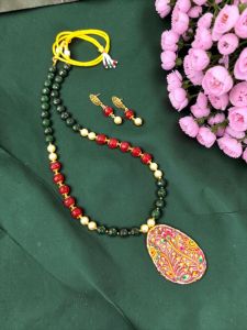 Navrabeads Radha Krishna Hand Painted Pendant Necklace with Agate Beads | Spiritual Handcrafted Gemstone Jewelry for Women | Traditional Ethnic Wear