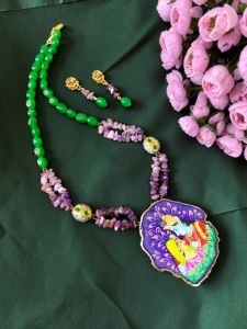 Navrabeads Radha Krishna Hand Painted Pendant Necklace with Quartz Beads & Amethyst Chip Beads | Spiritual Handcrafted Gemstone Jewelry for Women | Traditional Ethnic Wear