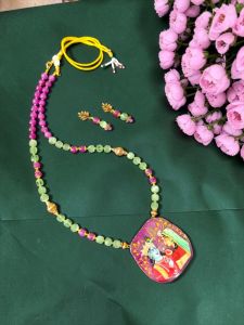 Navrabeads Radha Krishna Hand Painted Pendant Necklace with Agate & Monalisa Beads | Spiritual Handcrafted Gemstone Jewelry for Women | Traditional Ethnic Wear