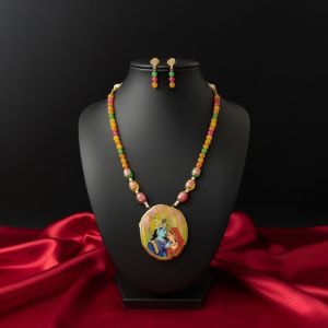 Navrabeads Radha Krishna Hand Painted Pendant Necklace with Onyx & Multicolour Japanese Beads | Spiritual Handcrafted Gemstone Jewelry for Women | Traditional Ethnic Wear