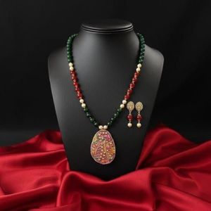 Navrabeads Radha Krishna Hand Painted Pendant Necklace with Agate Beads | Spiritual Handcrafted Gemstone Jewelry for Women | Traditional Ethnic Wear