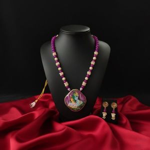 Navrabeads Radha Krishna Hand Painted Pendant Necklace with Agate & Designer Beads | Spiritual Handcrafted Gemstone Jewelry for Women | Traditional Ethnic Wear