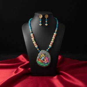 Navrabeads Radha Krishna Hand Painted Pendant Necklace with Square Agate & Japanese Beads | Spiritual Handcrafted Gemstone Jewelry for Women | Traditional Ethnic Wear