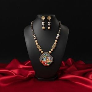 Navrabeads Radha Krishna Hand Painted Pendant Necklace with Agate & Designer Beads | Spiritual Handcrafted Gemstone Jewelry for Women | Traditional Ethnic Wear
