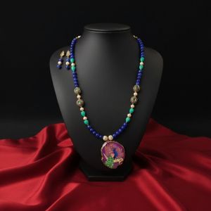 Navrabeads Radha Krishna Hand Painted Pendant Necklace with Agate & Tulip Beads | Spiritual Handcrafted Gemstone Jewelry for Women | Traditional Ethnic Wear