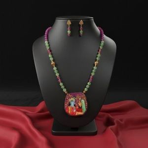 Navrabeads Radha Krishna Hand Painted Pendant Necklace with Agate & Monalisa Beads | Spiritual Handcrafted Gemstone Jewelry for Women | Traditional Ethnic Wear