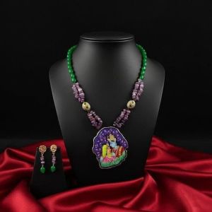 Navrabeads Radha Krishna Hand Painted Pendant Necklace with Quartz Beads & Amethyst Chip Beads | Spiritual Handcrafted Gemstone Jewelry for Women | Traditional Ethnic Wear