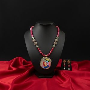 Navrabeads Radha Krishna Hand Painted Pendant Necklace with Onyx Beads | Spiritual Handcrafted Gemstone Jewelry for Women | Traditional Ethnic Wear