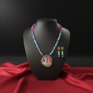 Navrabeads Radha Krishna Hand Painted Pendant Necklace with Agate Beads & Rhinestone Accents | Spiritual Handcrafted Gemstone Jewelry for Women | Traditional Ethnic Wear