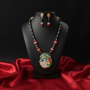 Navrabeads Radha Krishna Hand Painted Pendant Necklace with Peacock Blue Onyx Beads | Spiritual Handcrafted Gemstone Jewelry for Women | Traditional Ethnic Wear