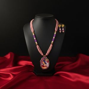 Navrabeads Radha Krishna Hand Painted Pendant Necklace with Agate Beads | Spiritual Handcrafted Gemstone Jewelry for Women | Traditional Ethnic Wear
