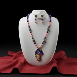 Navrabeads Radha Krishna Hand Painted Pendant Necklace with Agate & Tulip Beads | Spiritual Handcrafted Gemstone Jewelry for Women | Traditional Ethnic Wear