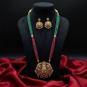 Navrabeads CZ Beads Necklace with Lakshmi Pendant & Earrings – 20 Inch Rope Finish Traditional Temple Jewellery Set | Festive, Wedding & Ethnic Wear for Women