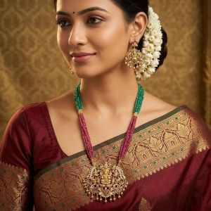 Navrabeads CZ Beads Necklace with Lakshmi Pendant & Earrings – 20 Inch Rope Finish Traditional Temple Jewellery Set | Festive, Wedding & Ethnic Wear for Women