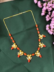 Navrabeads Bamboo Coral Necklace with White Jadau Kundan – 18 Inch Beaded Jewellery with Back Chain | Elegant Ethnic, Festive & Wedding Wear for Women