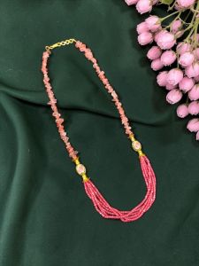 Navrabeads Strawberry Quartz Gemstone Chip & Ruby Pink CZ Beads Necklace with Japanese Beads – 20 Inch Gold Hook Finish Elegant Beaded Jewellery for Women