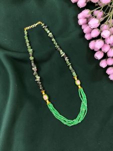 Navrabeads Ruby Josite Gemstone Chip & Green CZ Beads Necklace with Japanese Beads – 20 Inch Gold Hook Finish Elegant Beaded Jewellery for Women