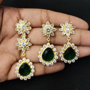 Navrabeads American Diamond Pendant Set Green – Elegant AD Pendant with Matching Earrings | 2.9x0.58 Inch Pendant, 1.5 Inch Earrings for Party & Wedding Wear