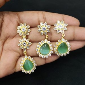 Navrabeads American Diamond Pendant Sea Green – Elegant AD Pendant with Matching Earrings | 2.9x0.58 Inch Pendant, 1.5 Inch Earrings for Party & Wedding Wear