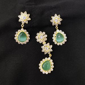 Navrabeads American Diamond Pendant Sea Green – Elegant AD Pendant with Matching Earrings | 2.9x0.58 Inch Pendant, 1.5 Inch Earrings for Party & Wedding Wear