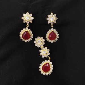 Navrabeads American Diamond Pendant Set Ruby Pink – Elegant AD Jewellery with Matching Earrings | 2.9x0.58 Inch Pendant, 1.5 Inch Earrings for Party & Wedding Wear