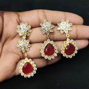 Navrabeads American Diamond Pendant Set Ruby Pink – Elegant AD Jewellery with Matching Earrings | 2.9x0.58 Inch Pendant, 1.5 Inch Earrings for Party & Wedding Wear