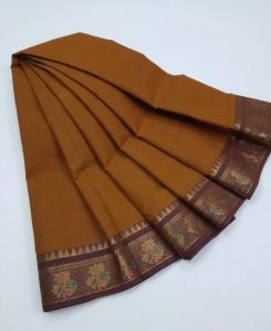 Navrabeads Chettinad Cotton Saree Coffee Brown with Brown Gold Zari Border – 80 Count Soft Cotton Saree 5.5 Meter Without Blouse | Daily, Traditional & Festive Wear