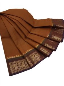 Navrabeads Chettinad Cotton Saree Coffee Brown with Brown Gold Zari Border – 80 Count Soft Cotton Saree 5.5 Meter Without Blouse | Daily, Traditional & Festive Wear