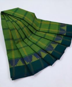 Navrabeads Chettinad Cotton Saree Grass Green with Dark Green & Yellow Lines Border – 80 Count Soft Cotton Saree 5.5 Meter Without Blouse | Daily & Festive Wear