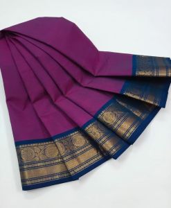 Navrabeads Chettinad Cotton Saree Magenta with Blue Gold Zari Border – 80 Count Soft Cotton Saree 5.5 Meter Without Blouse | Daily, Traditional & Festive Wear