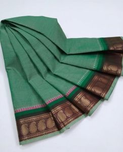 Navrabeads Chettinad Cotton Saree Sea Green with Brown Gold Zari Border – 80 Count Soft Cotton Saree 5.5 Meter Without Blouse | Daily, Traditional & Festive Wear