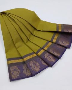 Navrabeads Chettinad Cotton Saree Olive Green with Blue Gold Zari Border – 80 Count Soft Cotton Saree 5.5 Meter Without Blouse | Daily, Traditional & Festive Wear