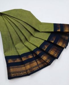 Navrabeads Chettinad Cotton Saree Olive Green with Blue Gold Zari Border – 80 Count Soft Cotton Saree 5.5 Meter Without Blouse | Daily, Traditional & Festive Wear