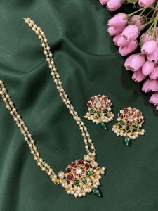 Navrabeads High Quality Jadau Replica Kemp Pendant Set with Pearl Chain & Earrings – Pink & Green 20 Inch Temple Jewellery | Bridal, Wedding & Festive Wear