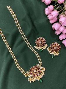 Navrabeads High Quality Jadau Replica Kemp Pendant Set with Pearl Chain & Earrings – Pink ,20 Inch Temple Jewellery | Bridal, Wedding & Festive Wear