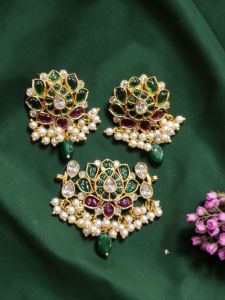 Kemp Pendant. Jadau Replica Pendant with Earrings, Lotus, Green with Pink