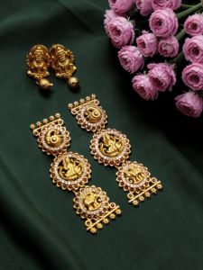 Navrabeads Pack of 2 Side Lakshmi Pendant Set with Lakshmi Stud Earrings – Antique Finish Ruby Pink , 52x17mm Temple Jewellery for Women, Festive & Bridal Wear