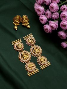 Navrabeads Pack of 2 Side Lakshmi Pendant Set with Lakshmi Stud Earrings – Antique Finish Ruby & Green 52x17mm Temple Jewellery for Women, Festive & Bridal Wear