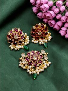 Kemp Pendant. Jadau Replica Pendant with Earrings, Lotus, Pink