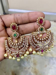 Navrabeads CZ Stone Earrings – Ruby Pink, Green & White Mixed Stones | Elegant Party, Festive & Wedding Wear Jewellery for Women