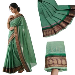 Navrabeads Chettinad Cotton Saree Sea Green with Brown Gold Zari Border – 80 Count Soft Cotton Saree 5.5 Meter Without Blouse | Daily, Traditional & Festive Wear