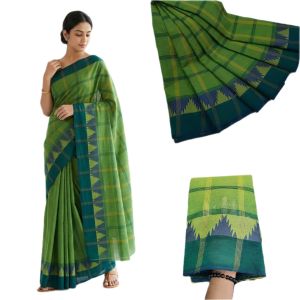 Navrabeads Chettinad Cotton Saree Grass Green with Dark Green & Yellow Lines Border – 80 Count Soft Cotton Saree 5.5 Meter Without Blouse | Daily & Festive Wear