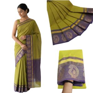 Navrabeads Chettinad Cotton Saree Olive Green with Blue Gold Zari Border – 80 Count Soft Cotton Saree 5.5 Meter Without Blouse | Daily, Traditional & Festive Wear